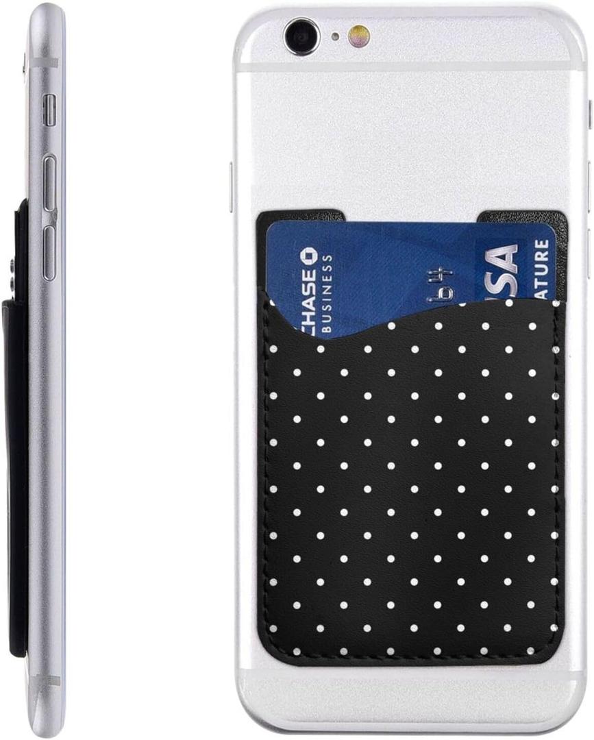 White Black Polka Dots Pu Phone Credit Card Holder Stick On Back Of Phone Case Compatible With Most Cell Phone