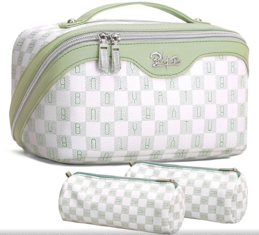 BOYATU Travel Makeup Bag for Women: Large Cosmetic Bag Set of 3 - PU Leather Make up Bag with Compartments - Compact Waterproof Toiletry Bag with Divider & Handle (Green)