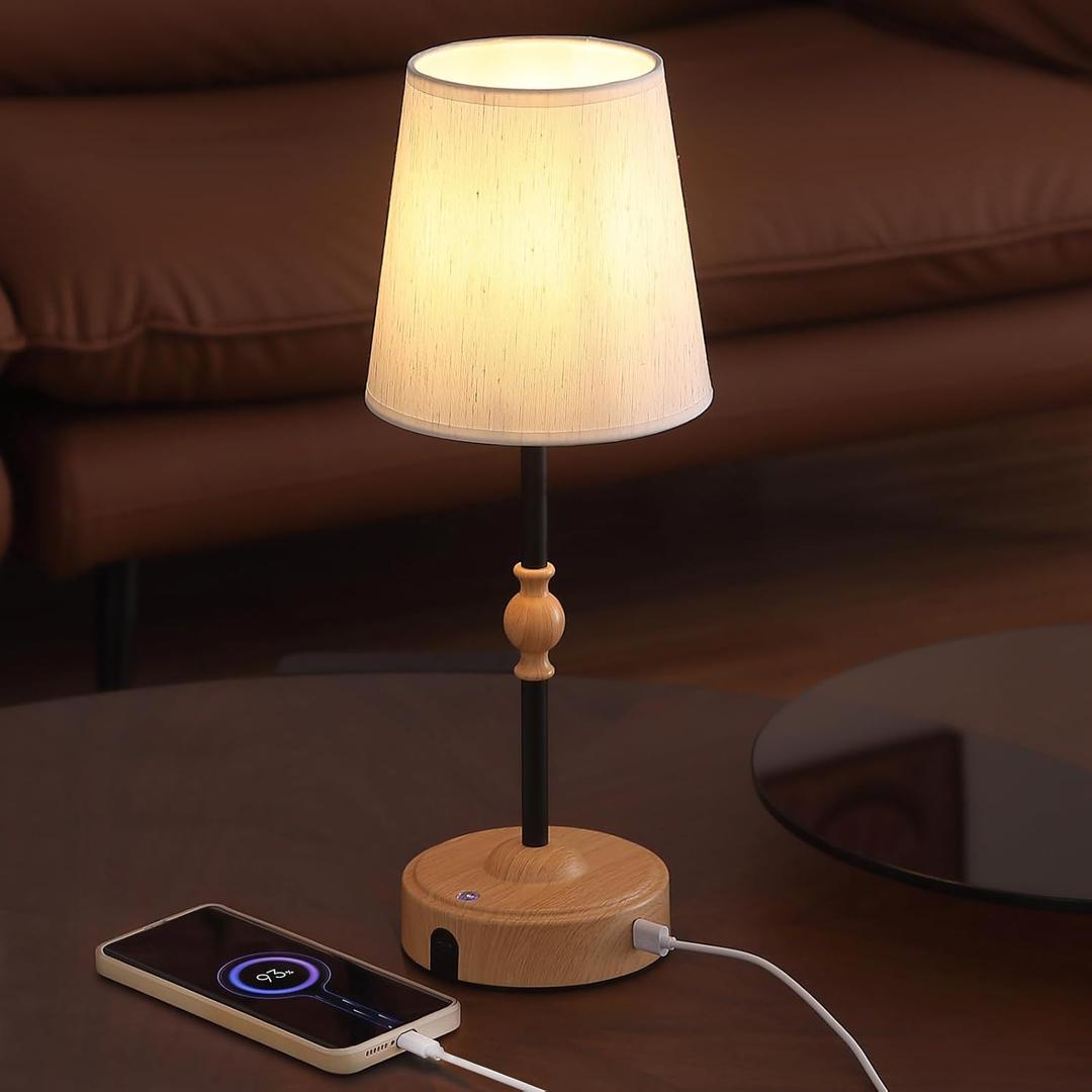 Cordless Rechargeable Table Lamp with Dimmer,Portables Battery Operated Table Lamp,Touch Dimmable Desk Lamp with USB Port,Bedside Night Lamp for Patio Camping Restaurant Home (Wood Grain)