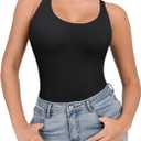Popilush Shapewear Bodysuit for Women Round Neck Sleeveless T Shirt Tank Tops Thong Bodysuits Jumpsuits (Black, M)