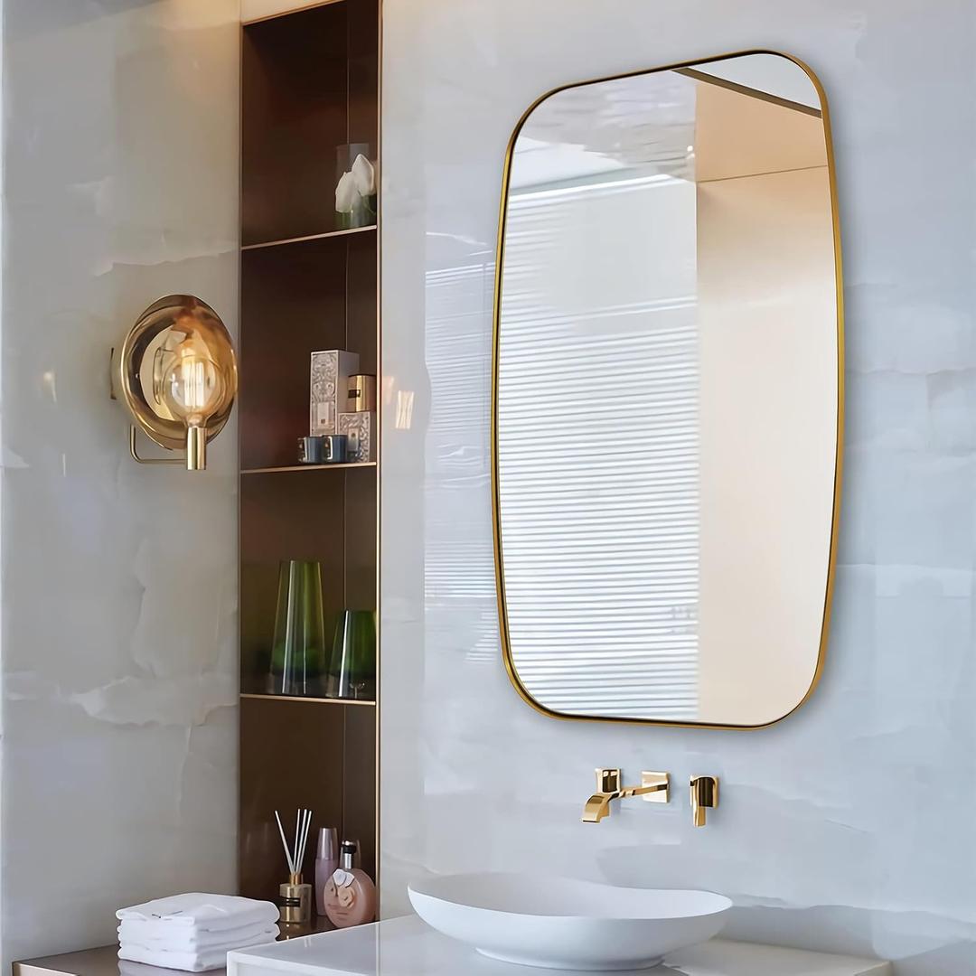 ANDY STAR 24x40 Gold Bathroom Mirror, Oblong Brass Mirror with Stainless Steel Metal Frame, Brushed Gold Oval Vanity Mirror for Over Sink, Modern Anti Rust Wall Mounted