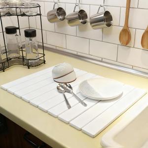 Hopegiver Stone Drying Mat for Kitchen Counter, 24"x16" Collapsible Quick Dry Dish Drying Mat, Super Absorbent Diatomaceous Earth Mat for Dishes Bottles Cups Bathroom, White with Sanding Block