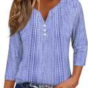 3/4 Length Sleeve Womens Shirts Henley Neck Casual Petite Summer Tops for Seniors (Blue, XL)