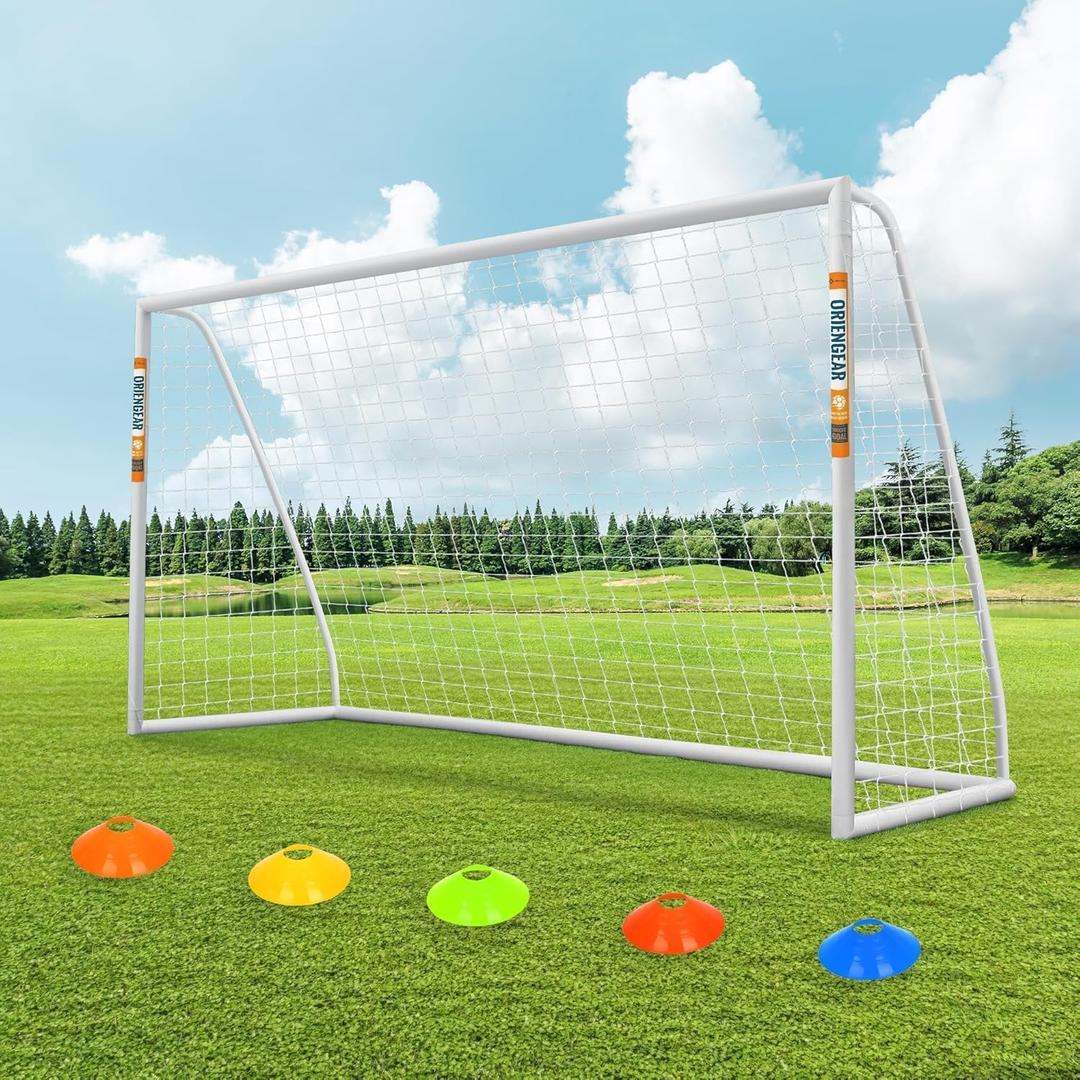 ORIENGEAR Soccer Goal, 12x6/10x6.5/8x6/6x4 Full Size Soccer Goals for Backyard, Soccer Net with Training Discs, Portable Soccer Goal for Kids and Adults with 1 Carry Bag, Porterias De Futbol