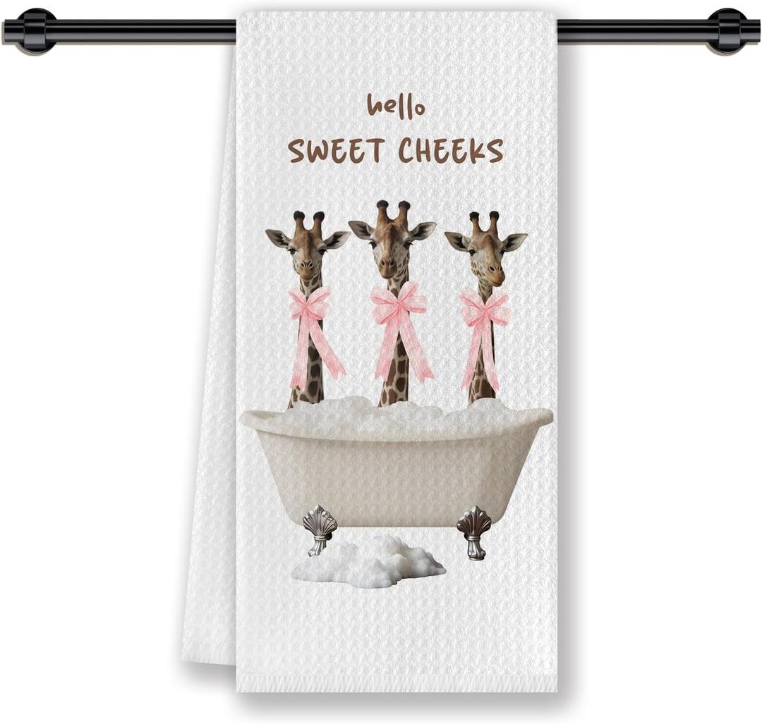 Hello Sweet Cheeks Giraffe Bathroom Hand Towels,Giraffes Gifts for Women, Coquette Pink Bow Giraffe Hand Towels for Bathroom Decor,16x24 Inches