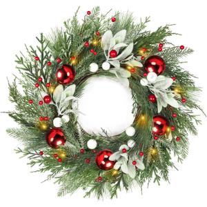 Timer - 20 Inch Real Touch Christmas Wreaths for Front Door, Lighted Christmas Wreath with 30 Lights Norfolk Pine Aspen Fir Needles & Cypress Leaves Balls Berries Xmas Wreath for Home Outdoor Indoor