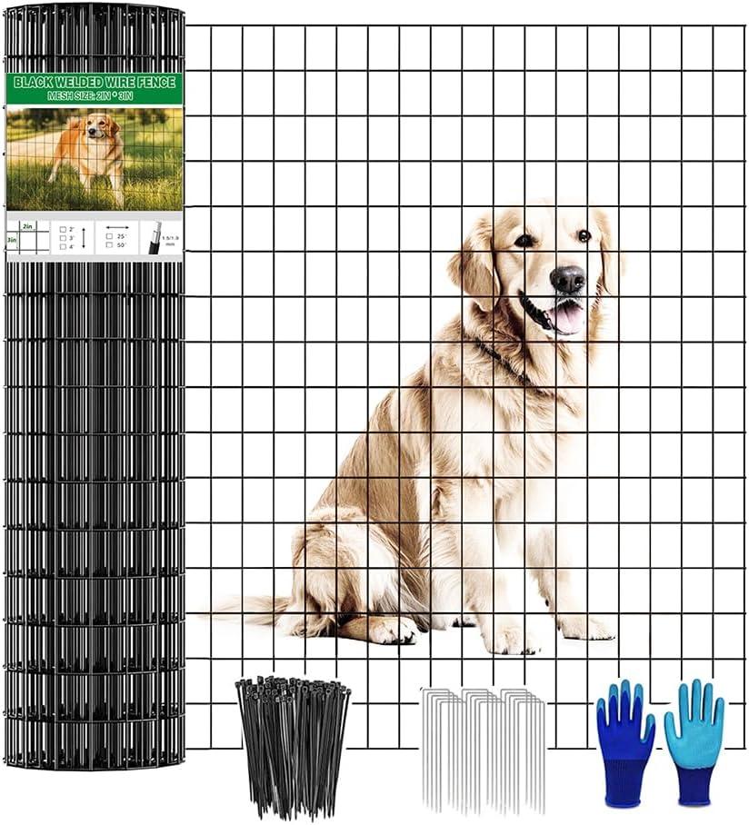 Welded Wire Fence 48inch x 50ft, Black PVC Coated Garden Fencing, 2 inch x 3inch 16Gauge Chicken Wire Fence Roll, Anti-Rust Metal Fencing for Yard Plant Protection Poultry Netting