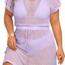 Aqua Eve Plus Size Swimsuit Cover Up for Women-Crochet Beach Dress V Neck Tie Waist Bathing Suit Cover Up (Purple)
