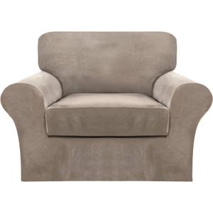 FantasDecor 2 Piece Chair Sofa Covers Velvet for Living Room Slipcovers with Individual Cushion Elastic Furniture Protector for Pets, Machine Washable (Armchair, Taupe)