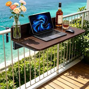 Balcony Bar Table for Railings, Outdoor Hanging Folding Adjustable Height Deck Rail Table for Patio, Garden, Rustproof Aluminum Alloy Frame, Weather Resistant, Easy Assembly, Brown, 23.6 x 10.63inches