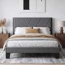 Full Platform Bed Frame with Upholstered Headboard, Gray