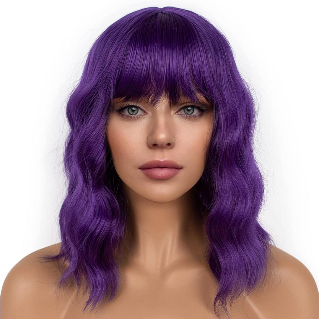 Dark Purple Short Bob Wigs with Bangs for Women Loose Wavy Wig Curly Wavy Shoulder Length Bob Synthetic Cosplay Wig for Girl Colorful Costume Wigs