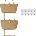 TeoKJ Over the Door Hanging Baskets with Wooden Button, 3-Tier Woven Cotton Storage Organizer Bag, Wall-Mounted with Hook Decorative Hanging Nursery Baskets, Jute