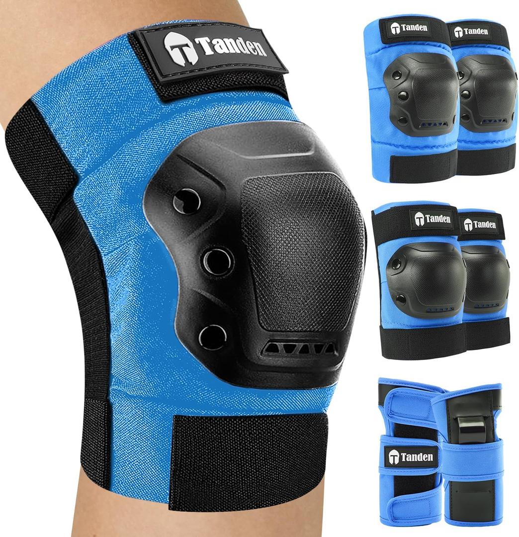 Tanden Skateboard Protective Gear Knee Pads and Elbow Pads Set, Elbow and Knee Pads for Roller Skating Wrist Guards Skateboarding Pads (Youth (9-15 Years), Blue)