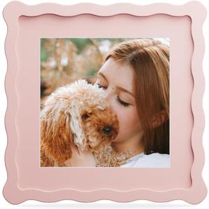 8x8 Picture Frame with Mat for 6x6, Wavy Edge Wooden Real Glass Photo Frame for Tabletop and Wall Hanging, Pink, 1 Pack