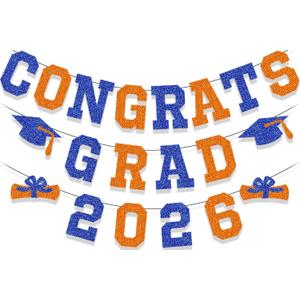 Congrats Grad 2026 Graduation Banner Congrats Grad Graduation Party Class of 2026 Congrats Grad Banner Hanging Decoration for Grad Party College High School Home Party Supplies Blue and Orange Glitter