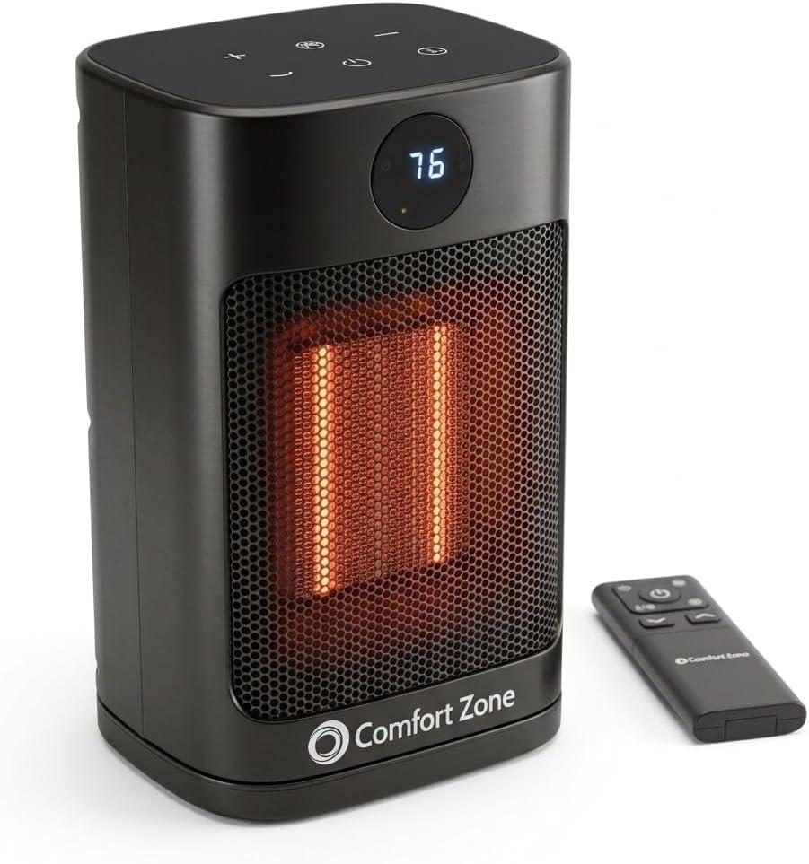 Comfort Zone 1500W Oscillating Desktop Heater Portable Ceramic Space Heater with Remote, Digital Thermostat (50F-90F), ECO Mode, 12-Hour Timer, Child Lock & Stay-Cool Housing Black
