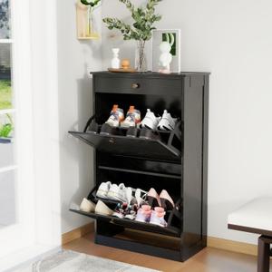 FTZxHKLX Shoe Cabinet with 2 Flip Drawers, Slim Freestanding Hidden Shoe Organizer with Drawer, Pet-Proof Shoe Storage Cabinet for Entryway Living Room Behind The Door, Black