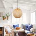 Arturesthome Bamboo Pendant Lighting Fixtures, Round Wicker Chandelier Hand-Woven Boho Basket Lampshade Hanging Ceiling Light for Kitchen Island Living Room, W 21.6in * H 19.3in