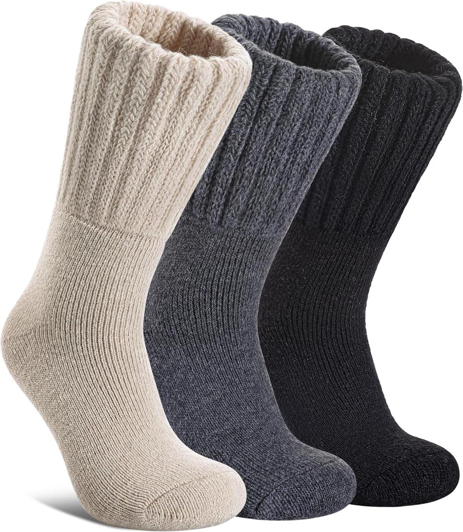 DYW Womens Merino Wool Boot Socks Thermal Thick Winter Warm Cozy Hiking Work Boot Socks Christmas Gift (3 Pairs-beige Grey Black)
