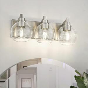 Bathroom Light Fixtures, 3-Light Brushed Nickel Vanity Light, Modern Wall Sconces with Globe Clear Glass Shade, Vanity Lighting Fixtures Over Mirror, VL195-BN-CL-3 (Brushed Nickel, Clear Glass)