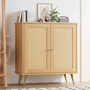 Shintenchi Rattan Buffet Cabinet with Storage, Sideboard Buffet Cabinet with Rattan Decor Doors, Modern Wood Cupboard for Kitchen Living Room Dining Room Hallway Entry, Natural, Two Door