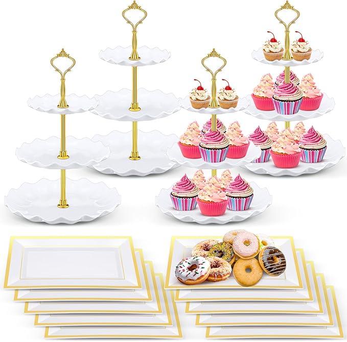Willinglong 6Pcs Dessert Table Stands Tier Plastic Cupcake Stands Cookie Display Tower Gold Rim Dessert Serving Tray for Party Wedding Birthday Bridal Baby Shower (White and Gold)