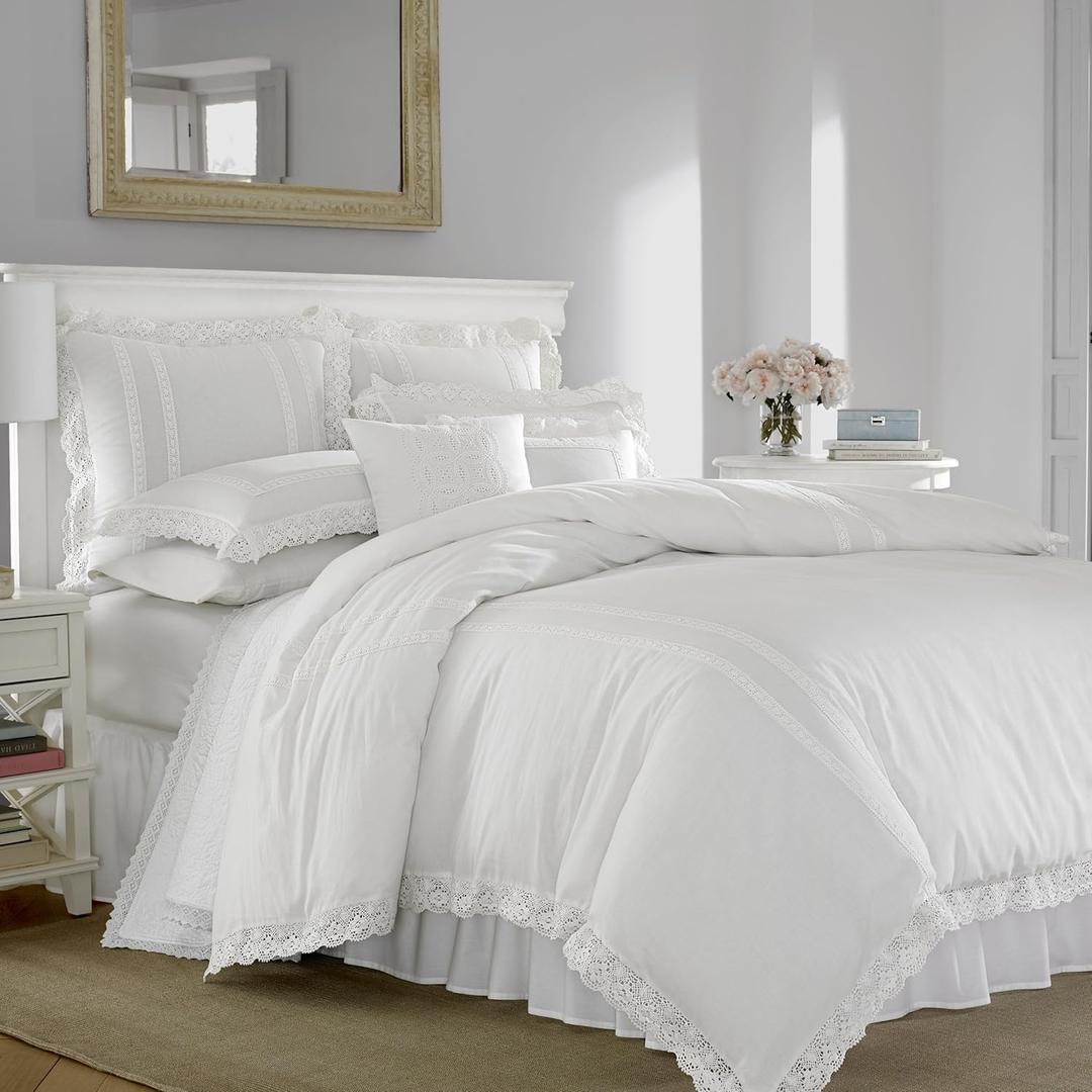 Laura Ashley - Queen Duvet Cover Set, Reversible Cotton Bedding with Matching Shams, Lightweight Home Decor for All Seasons (Annabella White, Queen)