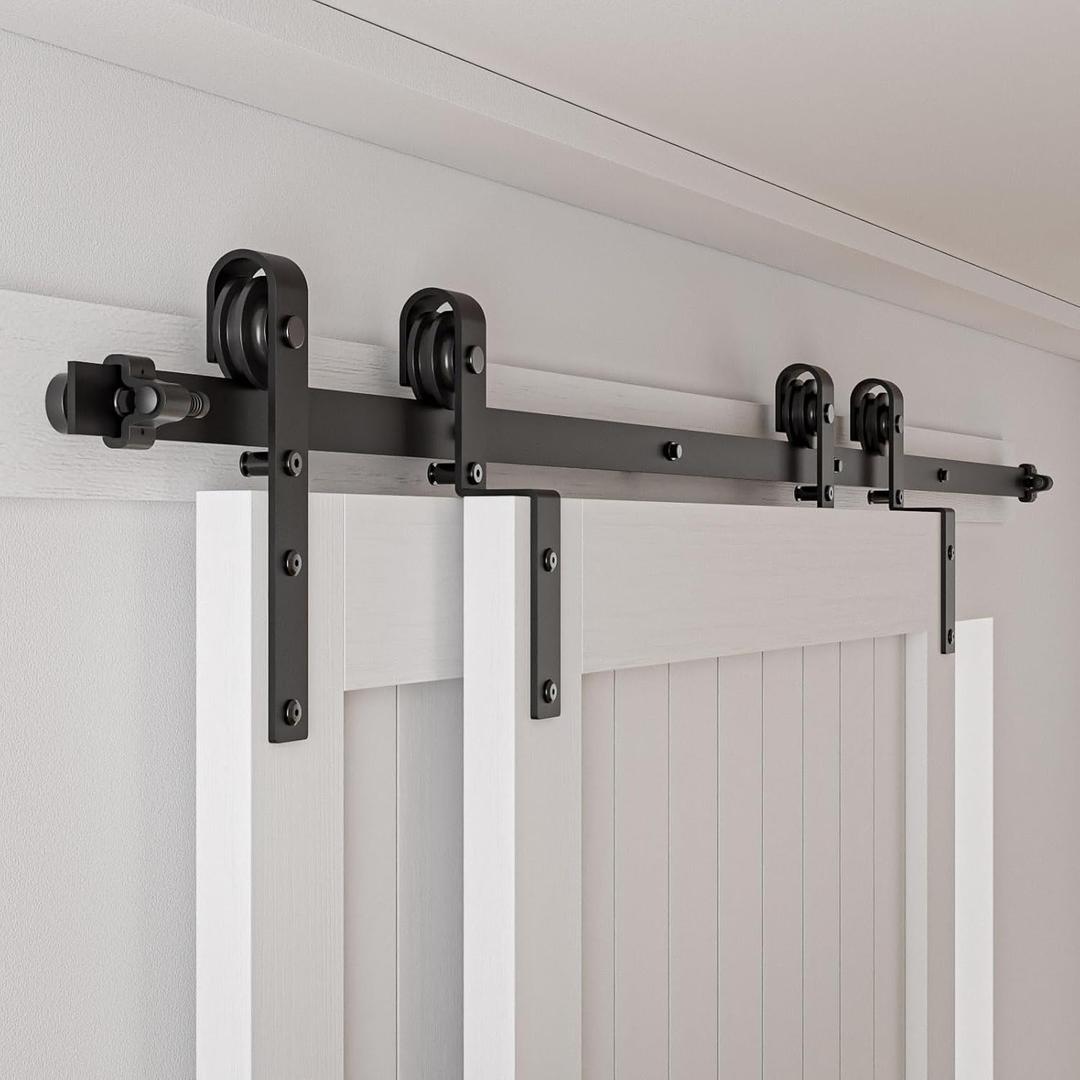 CCJH 5FT Bypass Sliding Barn Door Hardware Kit for 2 Doors, Single Track System Rail Slide Smoothly Quietly