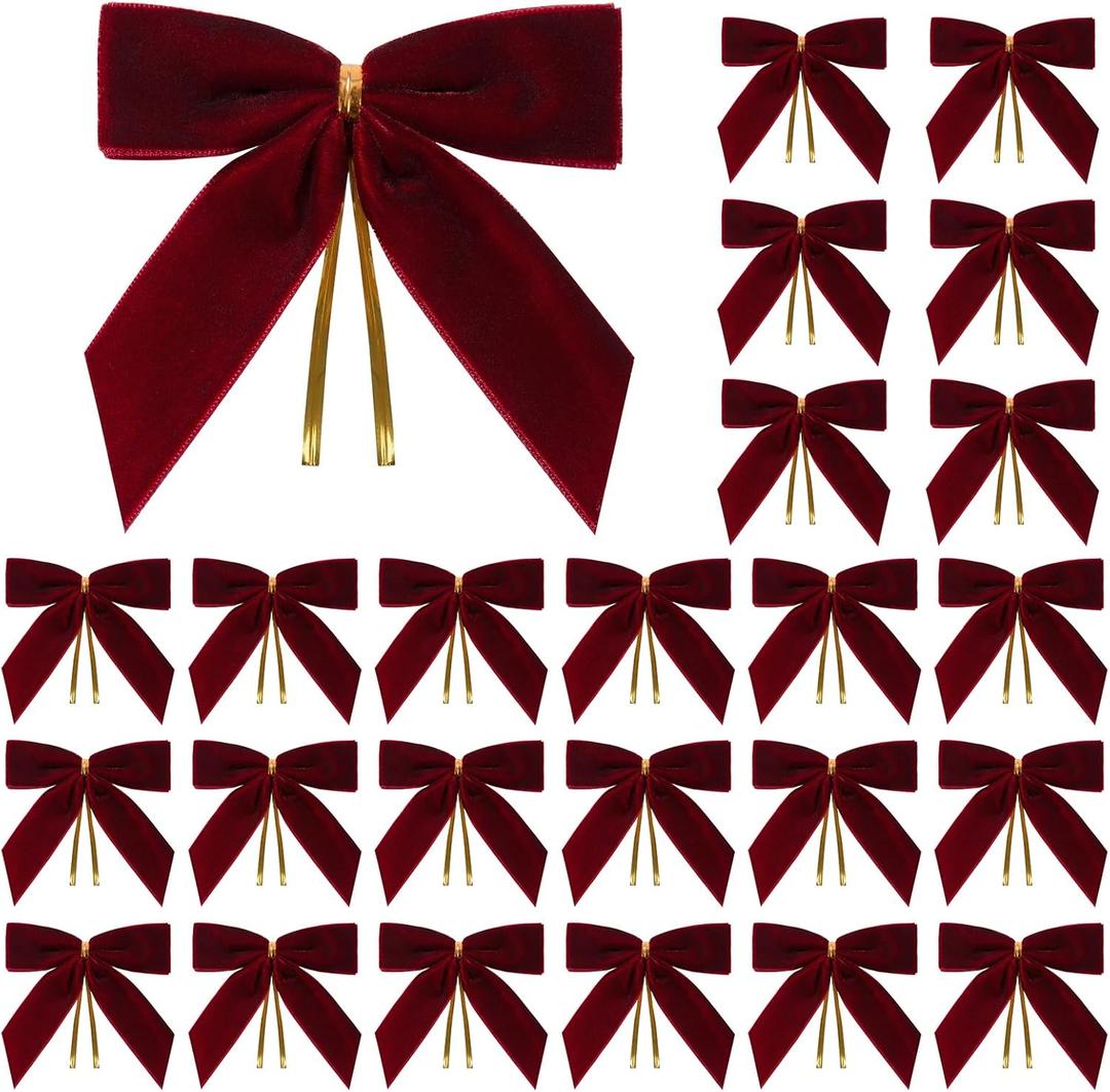 24 Pcs Burgundy Small Velvet Christmas Bows for Christmas Tree, Wreath, Gift Wrapping, Crafts, Wedding, Party, Twist Tie Bows for Treat Bag Bakery Candy Bags, Home Decor 1" W,3.5 x 3.5 inch
