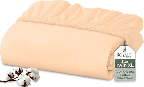 Royale Linens 100% Organic Cotton Fitted Sheet - Percale Weave - Super Soft Deep Pocket Bottom Sheets - Elastic Sheet Twin XL Size - Twin XL Fitted Sheets Only - (39"x80"+15", Sand)