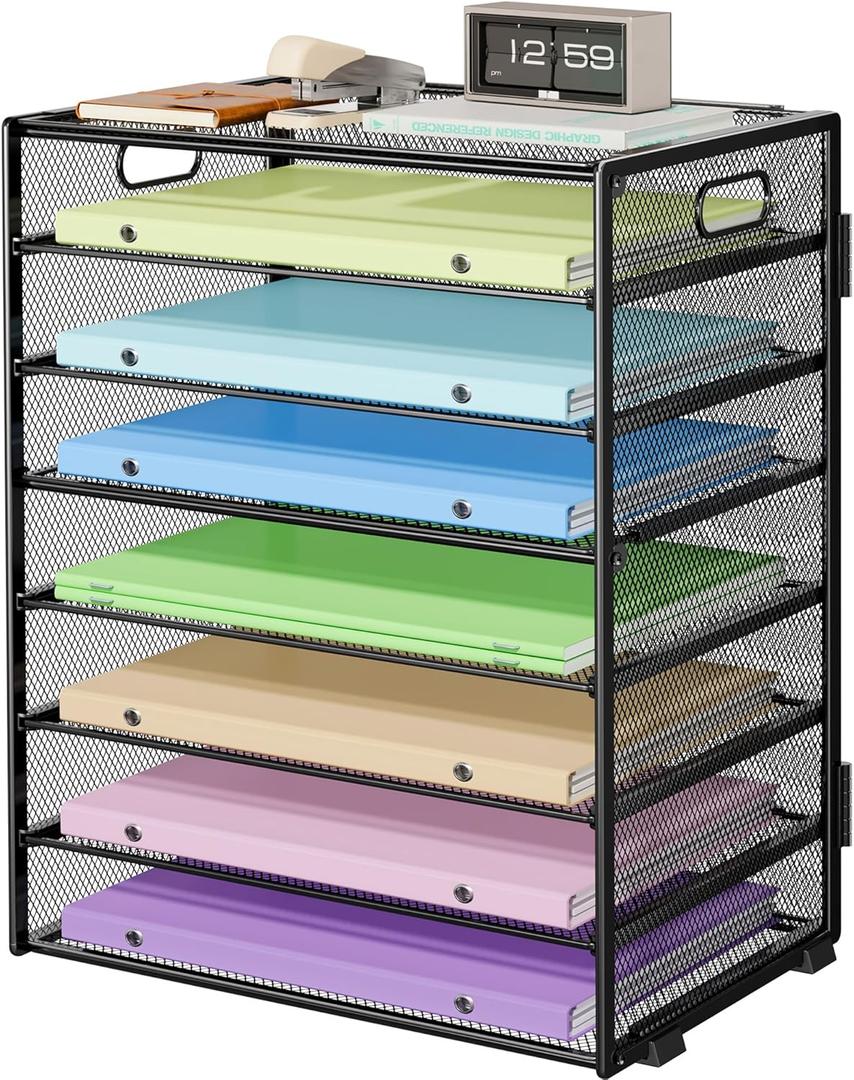 8 Tier Paper Organizer with Handle, Metal Mesh Desk File Organizer, Large Capacity Desk Organizers Paper Letter Tray Desktop Document Sorter for Office, Home or School - Black
