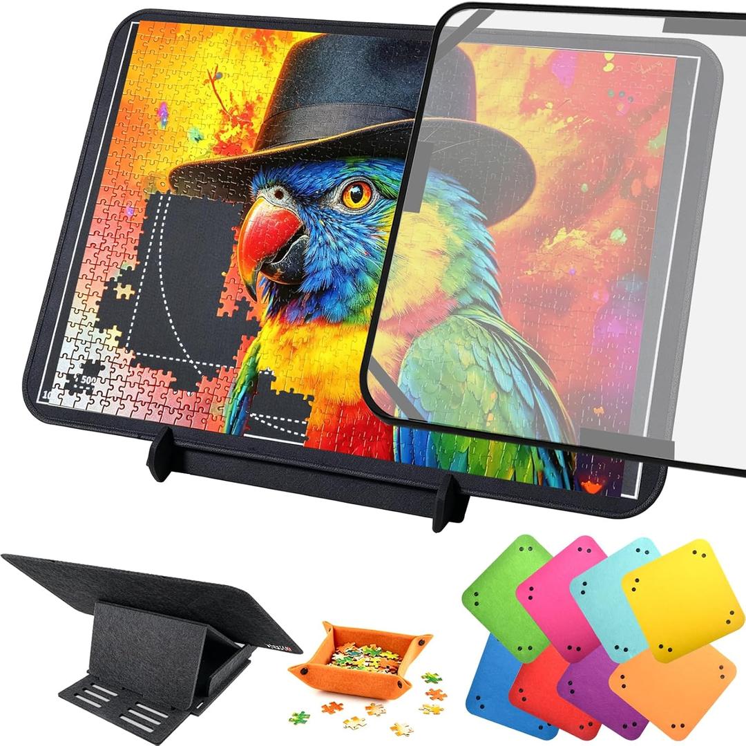 Felt Puzzle Board with Transparent Dust Cover for 500-1000 Pieces, Foldable Jigsaw Puzzle Table with Adjustable Tilting Stand & 8 Color Sorting Trays, Portable Non-Slip Mat, Gift for Puzzle Lover, Fits 500 And 1000 Piece Puzzles