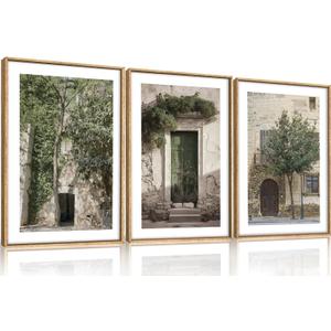 HOURIA Vintage Italy City Landscape Framed Canvas Wall Art Set,Sage Green Olive Tree Old House Wall Decor,Modern Mediterranean Country Cityscape Artwork for Living Room,Bedroom,Farmhouse- 24"x36"x3