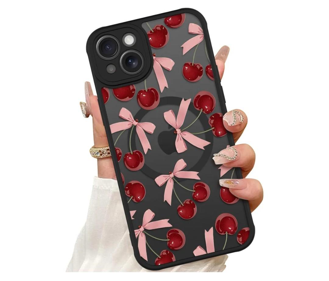 ZIYE Magnetic Case for iPhone 14 6.1 Inch [Compatible with MagSafe] Hard PC and Soft TPU Case with Cherry Pink Bows Anti-Scratch Shockproof Protection Phone Cover for Women