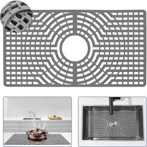 Silicone Sink Protector 26"x14" Center Drain Hole, Heat Resistant Non-slip Dishwasher Suitable, Large Mat for Bottom of Farmhouse Kitchen Stainless Steel Sink(Grey)