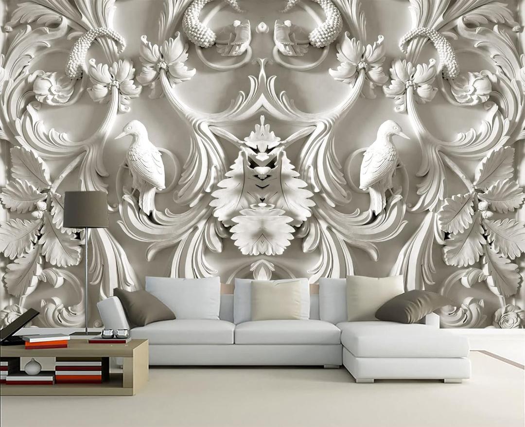 White Gypsum Art wall Mural Wallpaper for Bedroom 137" x 100"(Not Peel and Stick)