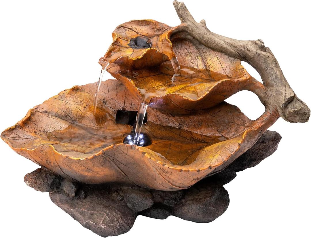 Alpine Corporation 9" Tall Indoor Tabletop Tiered Leaf Hand-Painted Fountain with LED Lights