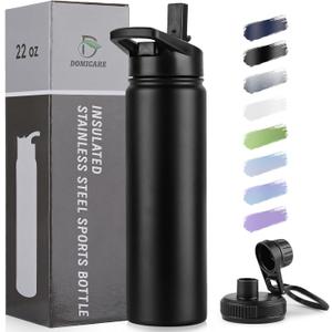 DOMICARE Insulated Water Bottle, 22 oz Vacuum Insulated Stainless Steel Reusable Sports Bottle with Straw Lid & Spout Lid for Travel, Camping, Bike, Leakproof, Black, 1 Pack