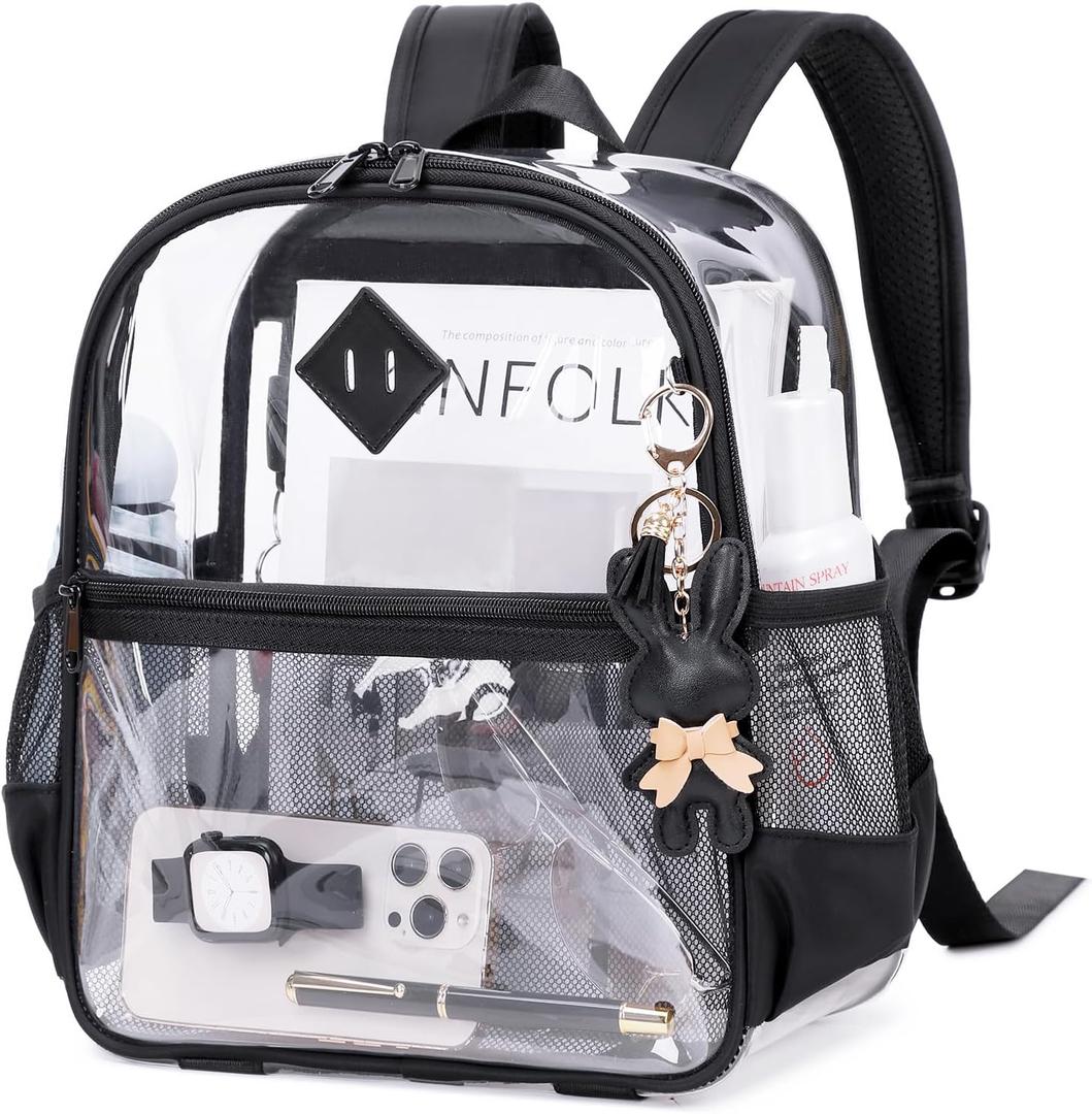 MUSEVOS Clear Backpack for Stadium Events Approved 12612, Thick TPU Mini Clear Bag with Front Pocket for Concert Sport Events Work Travel, Black Transparent