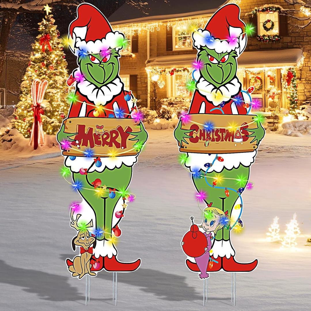 Set of 2 40 in Large Grinchs Christmas Outdoor Decorations with Metal Stakes Merry Christmas Yard Signs Decorations Outdoor for Christmas Xmas Party Supplies, Lawn, Garden Yard Decor