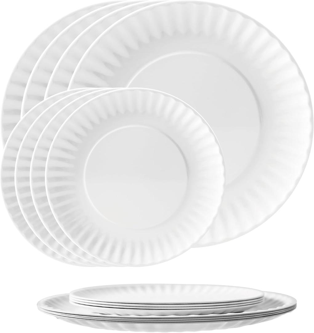 TP 10.5" & 8" Melamine Paper Plates, Reusable Outdoor Plates for Parties or Picnics, Round, Set of 8, White