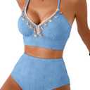 Herseas Women's Seashell Textured Bikini Sets Stitching Ribbon Shell Decoration Swimsuits High Waisted Bathing Suits (Medium, Baby Blue)