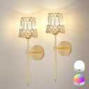 Gold Battery Operated Wall Sconces Set of 2, Crystal Rechargeable Wireless Wall Sconce Light Fixtures for Home Decor, Dimmable 12 RGB and 3CCT Wall Lamps with Remote for Living Room Bedroom Hallway