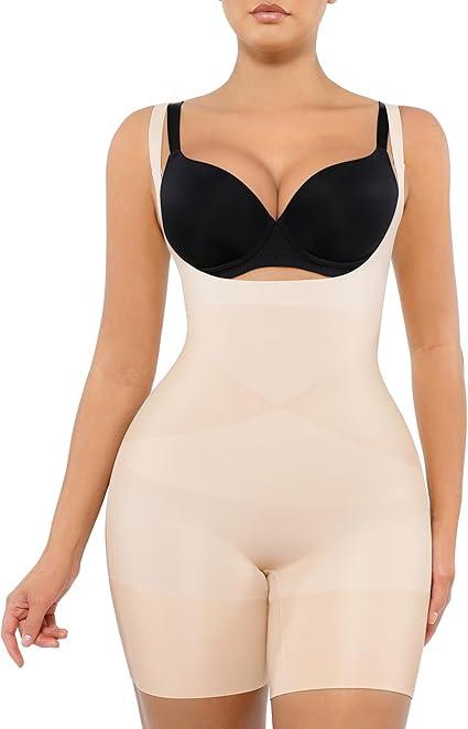 FeelinGirl Open Bust Shapewear Tummy Control Seamless Body Shaper for Women Mid Thigh Sculpting Bodysuit Size M/L
