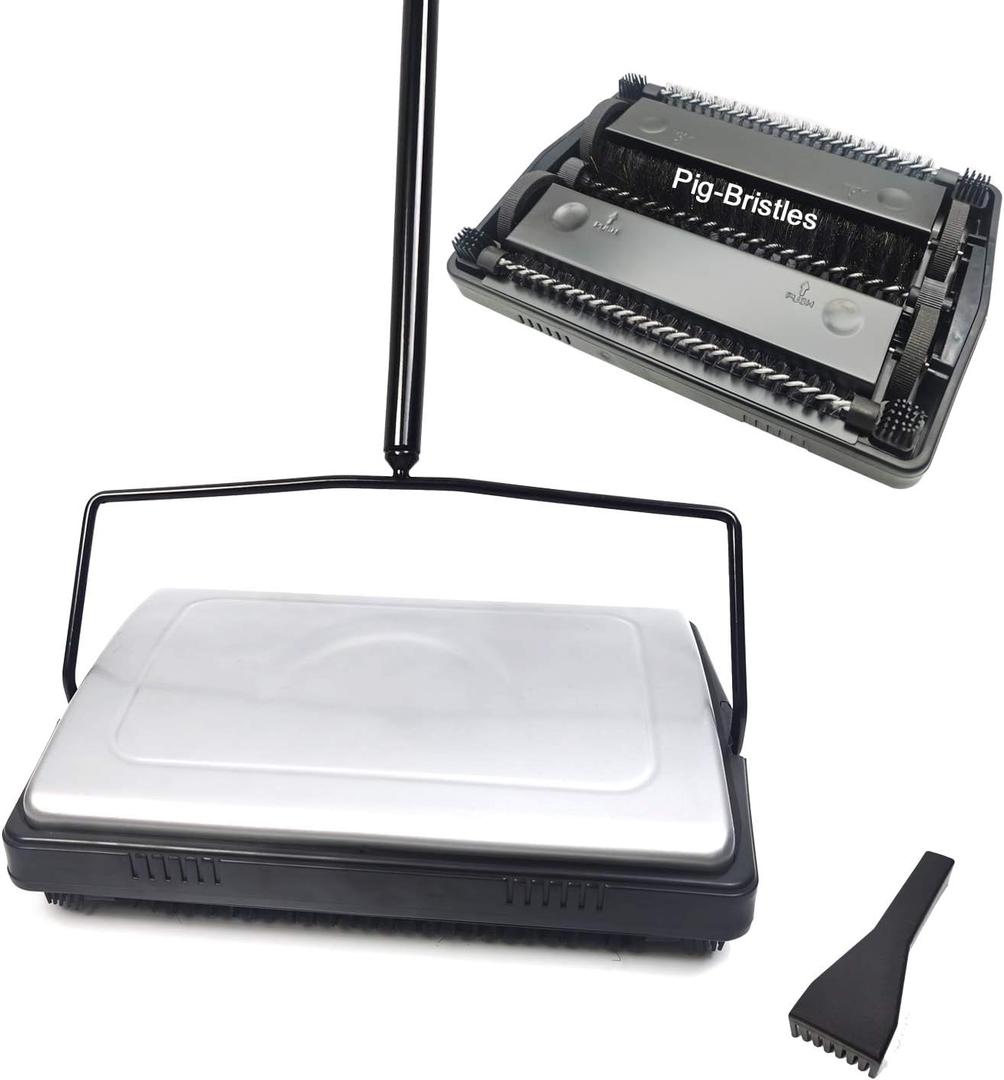 EZ SPARES Quiet Carpet Sweeper,Floor Sweeper with Pig-Bristles,Suitable for Carpet Cleaning Power,Roller Brush Strong,Bristle Sweeper,Great for House,Office,Kitchen,Carpet(Silver)