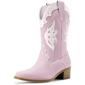 DREAM PAIRS Girls Cowgirl Cowboy Boots Western Fashion Mid Calf Boots, Size 4 Big Kid, Light Purple, SDBO2417K