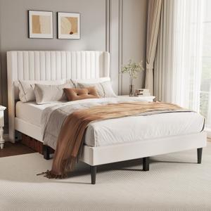 Queen Bed Frame with Upholstered Headboard, Velvet Platform Bed Frame Wingback with Strong Wooden Slats Support, No Boxing Spring Needed, Noise Free (Beige, Queen)