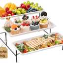 Lifewit Plastic 3 Tier Serving Tray for Party Supplies, 14" x 6.5" Crack-Proof Platters for Serving Food, White Reusable Trays with Black Metal Display Stand for Veggie, Fruit, Cookies, Dessert
