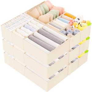 Criusia 15 Pack Drawer Organizer for Clothes, Foldable Dresser Dividers with 3 Sizes, Fabric Storage Bins  Beige